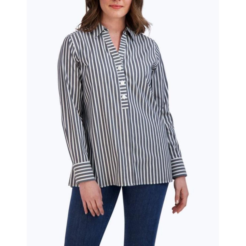 Foxcroft Pamela Tunic Women 16W Gray Striped Non-Iron Button Back Shirt